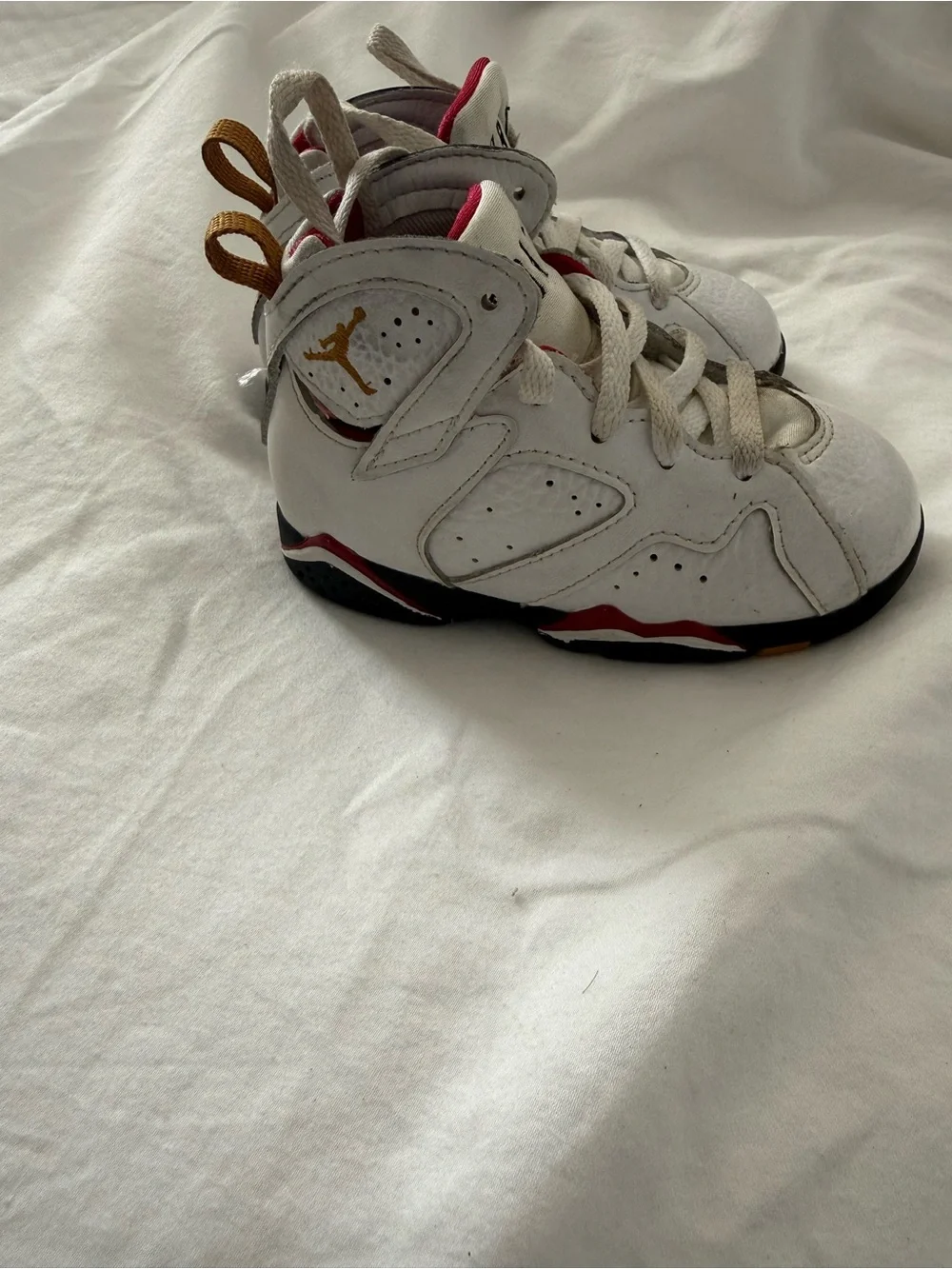 Jordan Kids White, Black, and cardinal red Sneakers